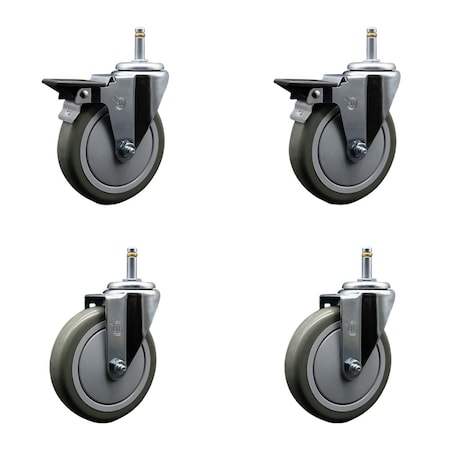 Service Caster 5'' Gray Poly Wheel Swivel 7/16'' Grip Ring Stem Caster Set 2 Brakes, 4PK SCC-GR20S514-PPUB-PLB-716138-2-S-2